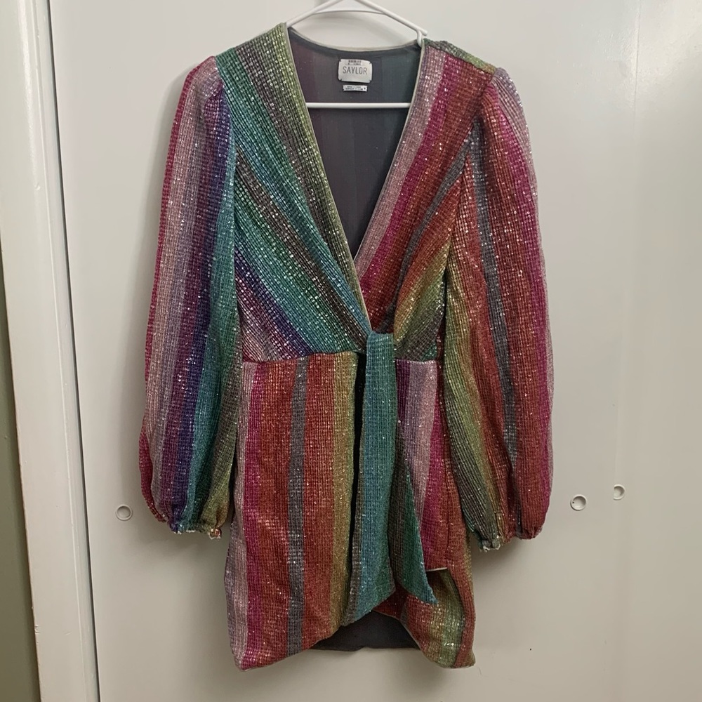 Saylor Womens Debbie Shimmer Rainbow Faux Wrap Mini Dress